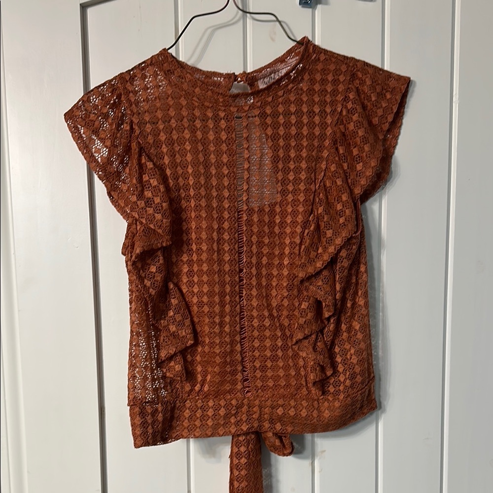 Rust Orange Lace Blouse with Ruffle Sleeves